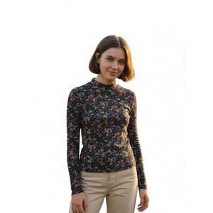 GAP Girls XL (10-12) Black Floral Turtleneck Ribbed Long Sleeve Top